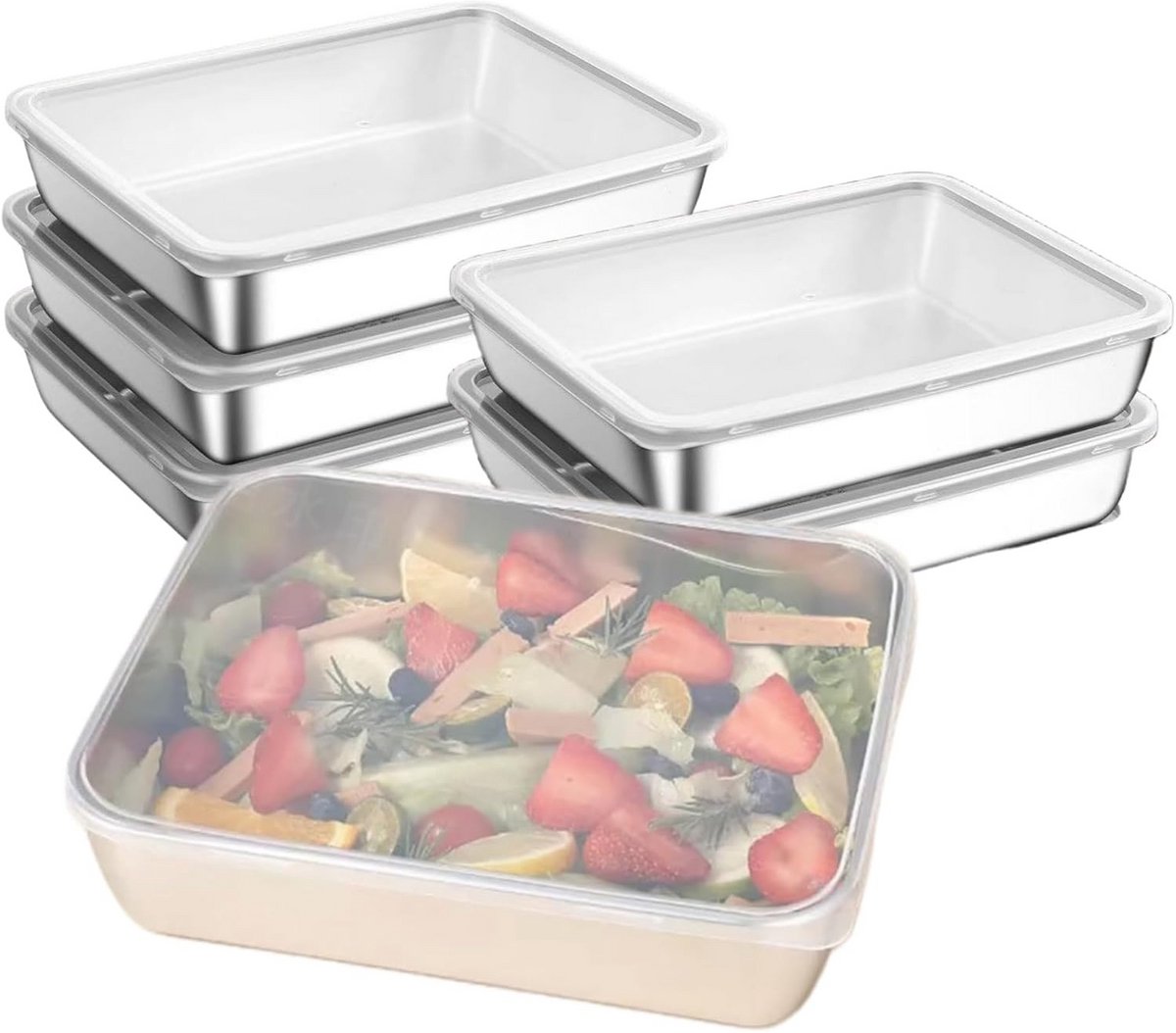 6x Roestvrijstalen Maaltijdcontainers met Luchtdichte Deksel - 2200 ml - Oven- en Vaatwasbestendig