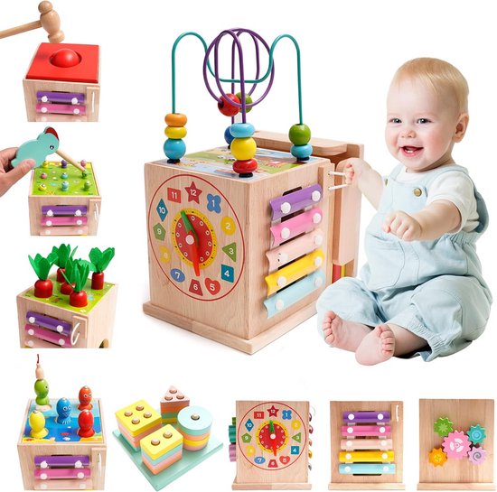 NUKied 9-in-1 Houten Motorisch Speelgoed Vanaf 1 Jaar - Sorteer en Stapel, Visspel, Hamerspel Voor Baby's, Jongens en Meisjes - Educatief Cadeau