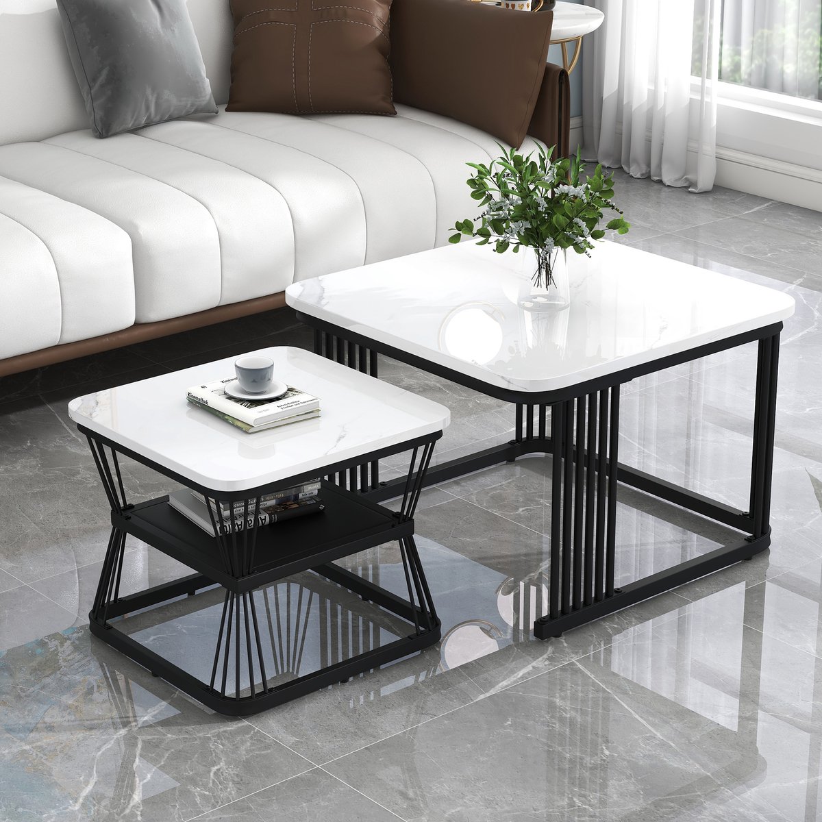 Wishdor Set van 2 bijzettafels 65x65x45 cm + 45x45x39,5 cm van MDF en metaal, hoogglans marmerlook