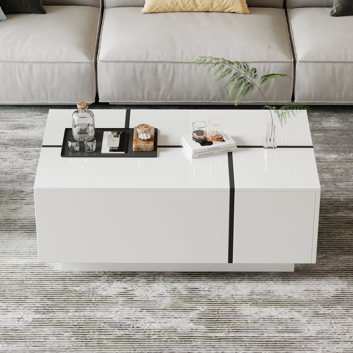 REDOM Salontafel 100x60x40 cm van spaanplaat, wit-zwart splicing met hoogglans bovenblad en 4 laden