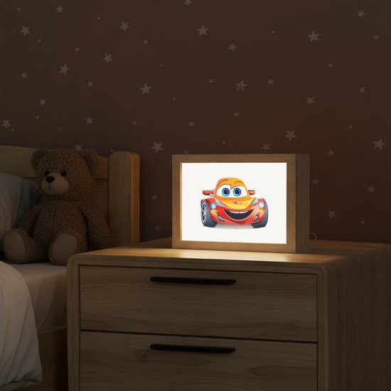 Nachtlampje 20x15 cm - Kinder lamp - Raceauto - Oranje - Jongens - Kinderen - Auto - Tafellamp kinderkamer - Slaapkamer lamp - Bedlamp kinderen - Kinderlampje stopcontact - Wandlamp babykamer - Nachtlampjes van Merkloos — afbeelding 2