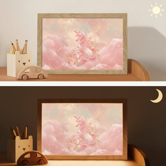 Nachtlampje 30x20 cm - Kinder lamp - Eenhoorn - Wolken - Roze - Tafellamp kinderkamer - Slaapkamer lamp - Bedlamp kinderen - Kinderlampje stopcontact - Wandlamp babykamer - Nachtlampjes van Merkloos — afbeelding 4