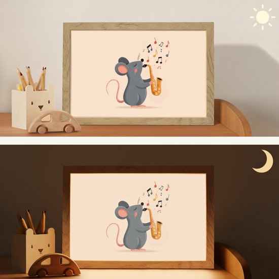 Nachtlampje 30x20 cm - Kinder lampje - Muis - Saxofoon - Muzieknoten - Tafellamp kinderkamer - Slaapkamer lamp - Bedlamp kinderen - Kinderlampje stopcontact - Wandlamp babykamer - Nachtlampjes van Merkloos — afbeelding 4