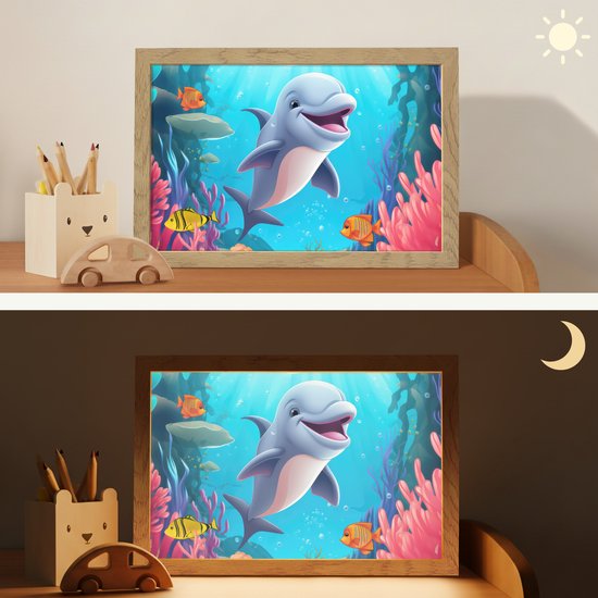 Nachtlampje 30x20 cm - Kinder lamp - Dolfijn - Zeedieren - Onderwater - Kinderen - Meisjes - Tafellamp kinderkamer - Slaapkamer lamp - Bedlamp kinderen - Kinderlampje stopcontact - Wandlamp babykamer - Nachtlampjes van Merkloos — afbeelding 4