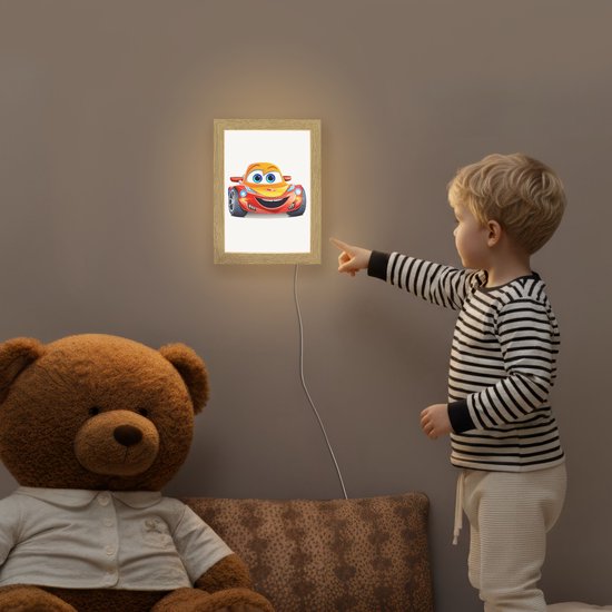 Nachtlampje 15x20 cm - Kinder lamp - Raceauto - Oranje - Jongens - Kinderen - Auto - Tafellamp kinderkamer - Slaapkamer lamp - Bedlamp kinderen - Kinderlampje stopcontact - Wandlamp babykamer - Nachtlampjes van Merkloos — afbeelding 5
