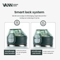 Detail van de dop van de lichtgroene VANN waterfles, toont het 'Smart lock system' in gesloten en open positie.