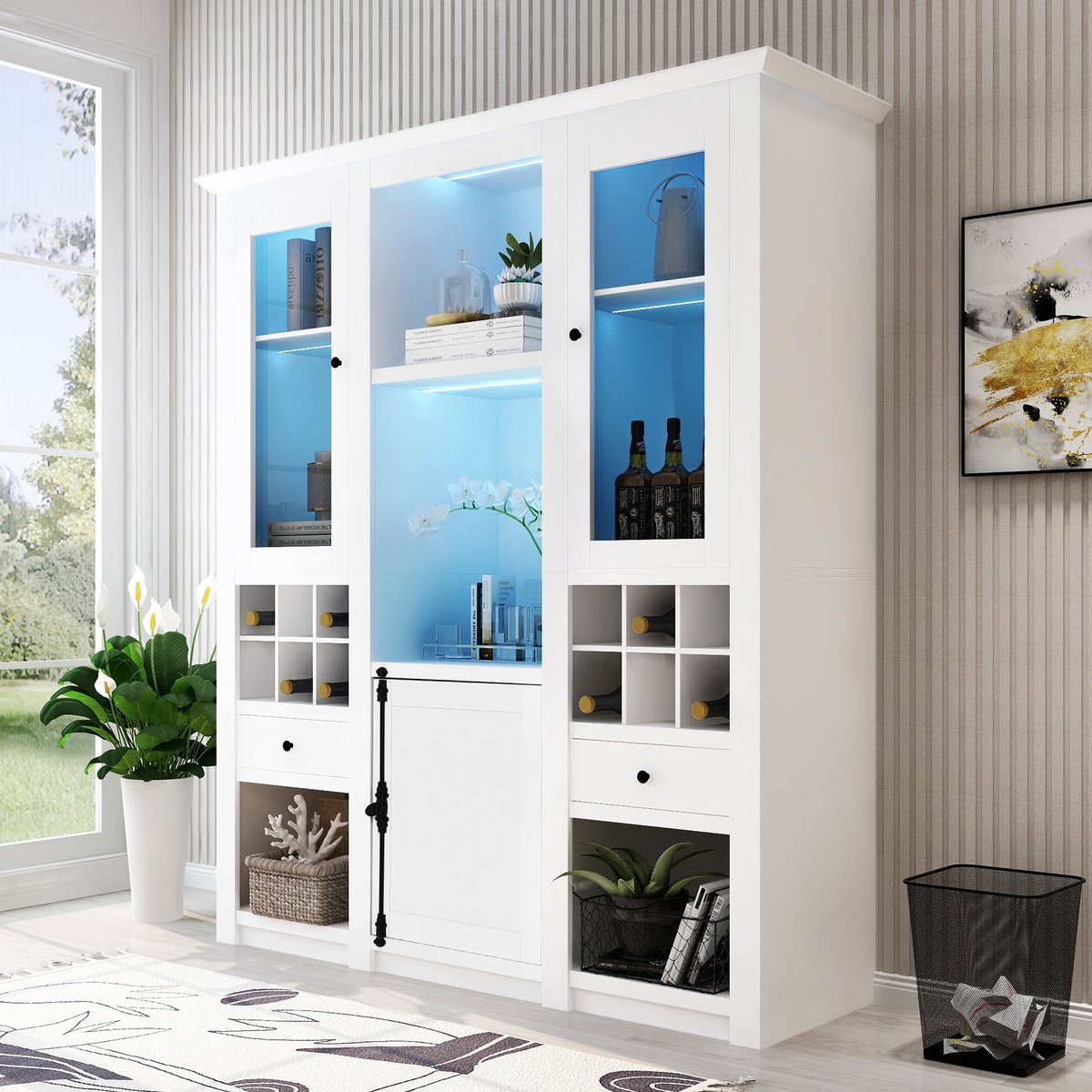 REDOM Vitrinekast 143*45.5*170 cm van MDF, wit met acryldeuren, 16-kleurige LED, veel opbergruimte en lades