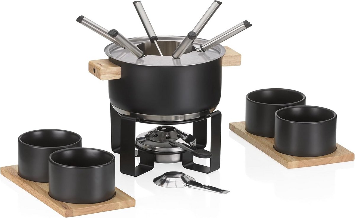 Fondue Set RVS met Houten Onderstel en Spatdeksel