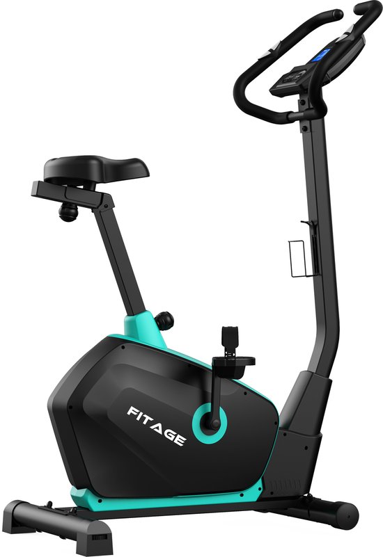 Zwarte en teal FITAGE hometrainer met display en bidonhouder.