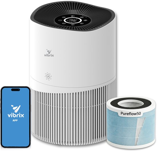Vibrix PureFlow50 Luchtreiniger / Air Purifier – HEPA H13 + koolstoffilter – 350 m³/u – Voor kamers tot ca. 50 m² – Ionisator – App-bediening – Zeer stil met slaapstand – Luchtkwaliteitindicator