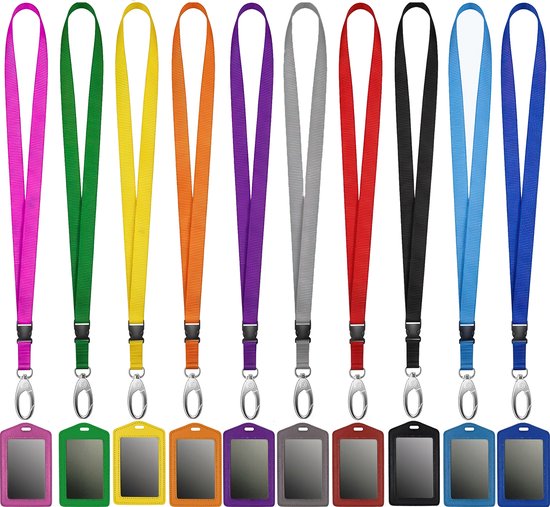 10 Stuks Afneembaar Lanyard Sleutelhangers met 10 PU Leren Badgehouders - Kleur Nekkoord - Keycord Pashouder - Kaarthouder met Keykoord - Badge Houder voor Kaart/Sleutels - Telefoon/GSM Koord - Sleutelkoord - Universeel ID Pashouder - Telefoonkoord