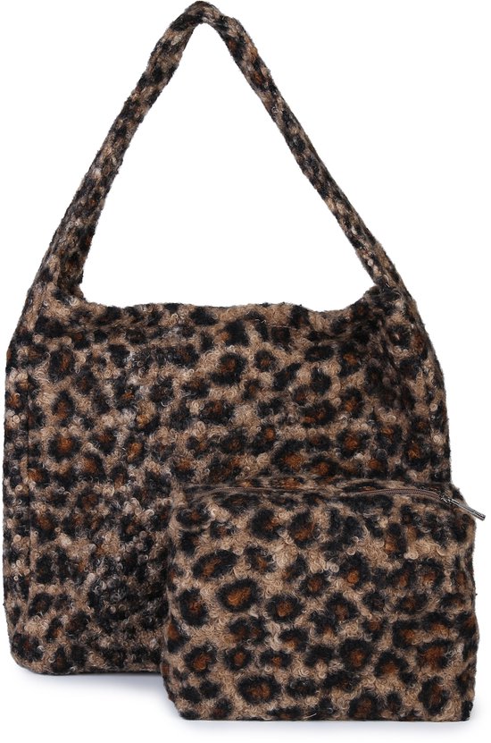Shopper Tas - Imprimé Léopard - Doux Sac Teddy - Avec étui/sac assorti - Léopard - Marron/Noir