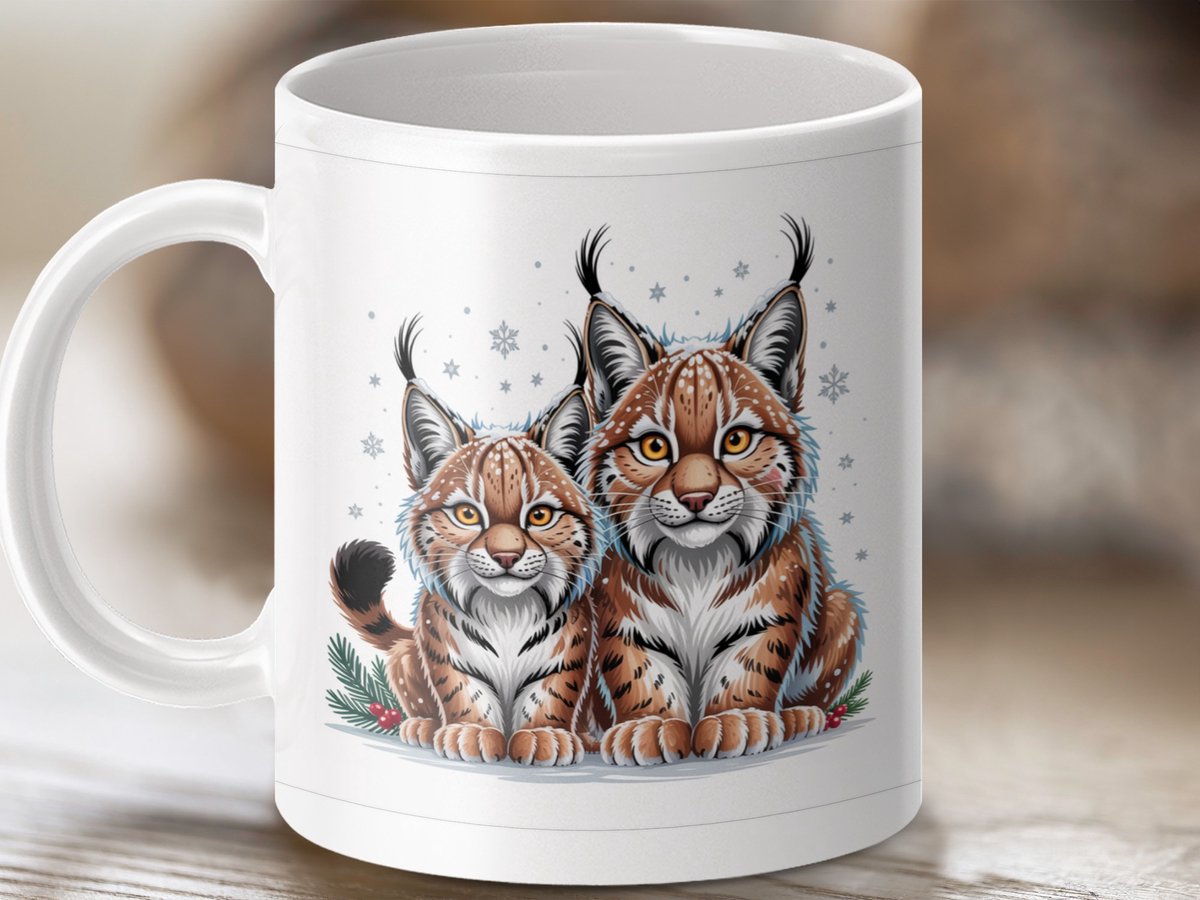 Mok Lynx Familie Mok, Winter Thema, Katachtige Mok, Lynx Liefhebber Cadeau, Dier Mok, Natuur Mok, Unieke Mok, Cadeau Idee, kerstmok