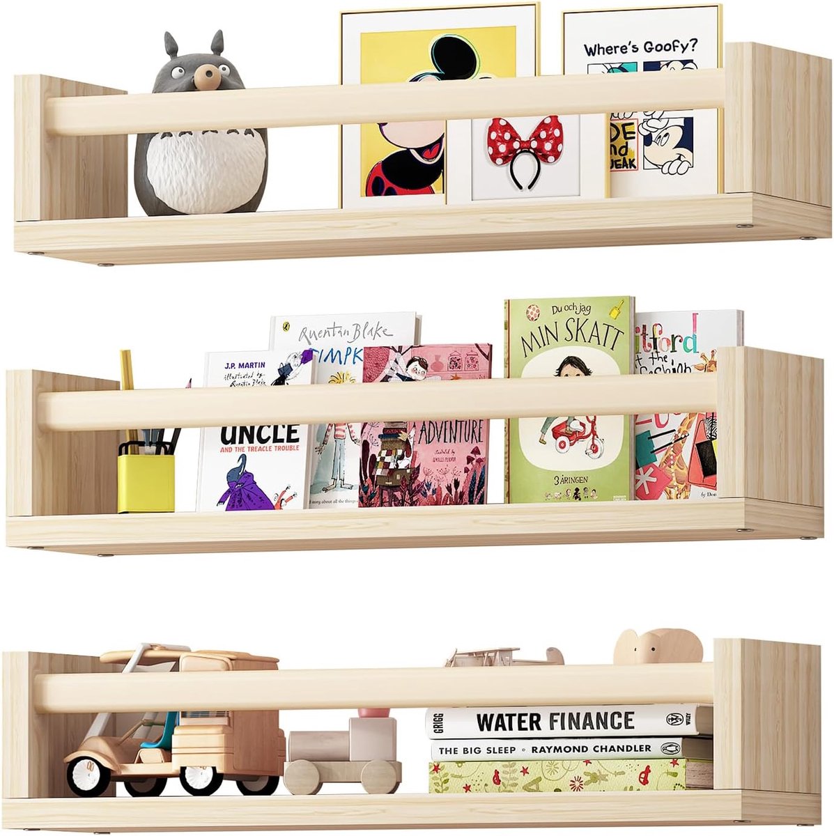 Famanu Set van 3 zwevende houten wandplanken van 40 cm, geschikt voor boeken, foto’s en speelgoed, ideaal voor babykamer en kinderkamer Natural Wood
