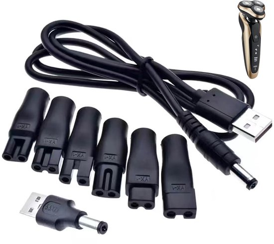 Chargeur pour rasoir et tondeuse à barbe pour hommes - avec 7 adaptateurs - Câble de charge USB pour rasoir - Câble USB vers DC - Charge de rasoir électrique - Kit de charge pratique - convient aux rasoirs et tondeuses