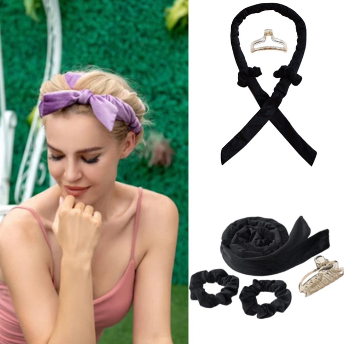 4-delige hittevrije krulset - Heatless Curls - Haarrollers - Krultang - Met haarelastiekjes en clips - Flanel - Zwart