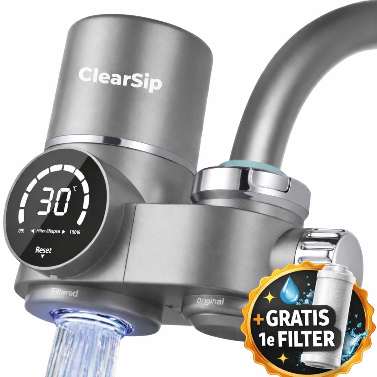 ClearSip Kraanfilter - Waterfilter Kraan - 8-Laags UV Filter - LED Indicator - Universeel 15-24 mm - Voor Keuken & Badkamer - Grijs