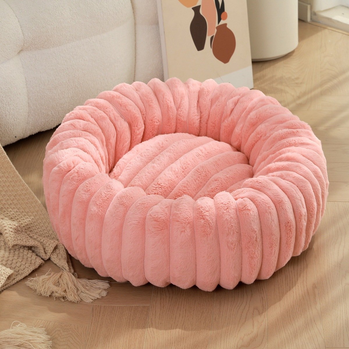Luxe Fluffy Hondenmand & Kattenmand – Donut Pompoen Stijl – 50 cm – Zacht & Rustgevend – Roze – Met Anti-slip