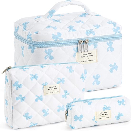 Hatende 3-delige katoenen gewatteerde make-uptasset, grote cosmetische tas met bloemen, esthetische toiletten, reismake-uptasset en schattige bloementas voor vrouwen en meisjes., Blauwe Bloem