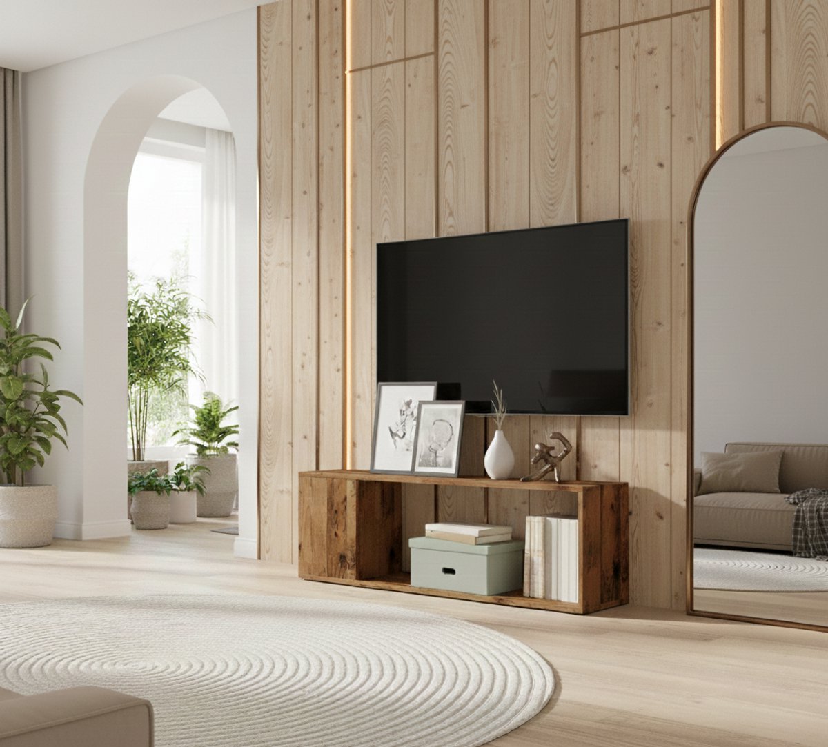 TV Meubel 100 cm – Scandinavisch Design met Opbergruimte van Gesneden Hout – Old Wood Look – TV Kast & Boekenkast – House&Garden