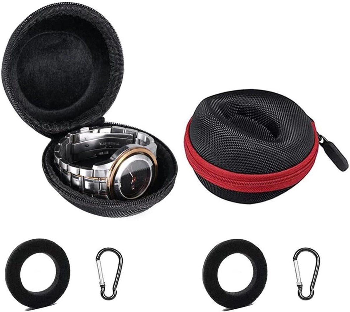 Horloge-opbergdoos - Reisuitvoering - Geschikt voor sieraden - Karabijnhaak - Mannen en vrouwen - Zwart en rood - Handige horlogedoos met geschenkverpakking