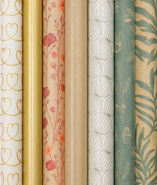 Cadeaupapier – “Natural Gold Collection” – (7 STUKS) – 200 × 70 cm – Goud, Kraft & Groen – Botanisch & Grafisch – Inpakpapier – Luxe & Natuurlijk Cadeaupapier