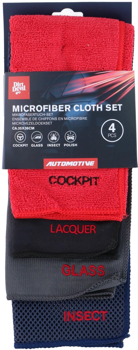 Dirt Devil - Microvezel Reinigingsdoek - Set van 4 verschillende doeken - Auto - Interieur - Glas - Cockpit - Insecten