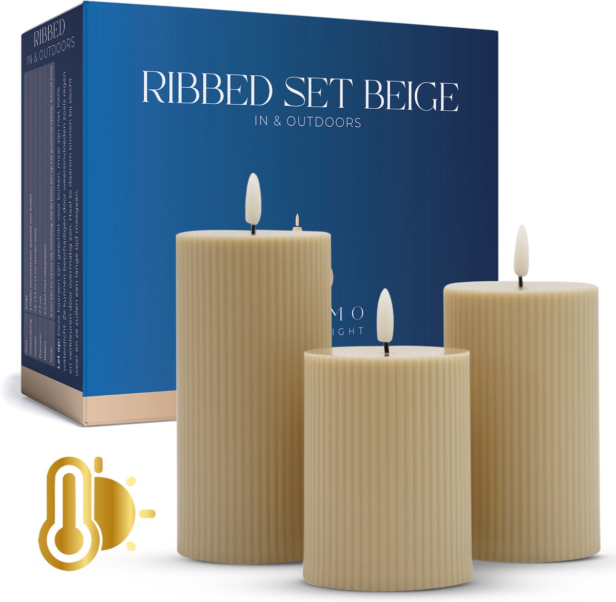 VITAMO Ribbed LED Kaarsen Set – In & Outdoors – Kunststof Stompkaarsen met Realistische Flikkering - Timerfunctie – Ribbel Kaarsen voor Binnen en Buiten – Beige (3 Stuks)