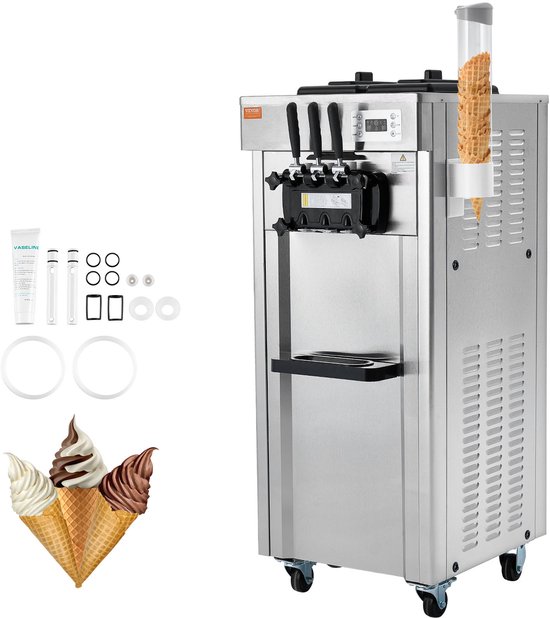 VEVOR Commerciële Ijsmachine IJsmachine 21-31L/u Vrijstaande Softijsmachine met 3 Smaken, 2 x 4.3L Roestvrijstalen Container, LED-paneel, Automatische Reiniging, Nachtelijke Koeling