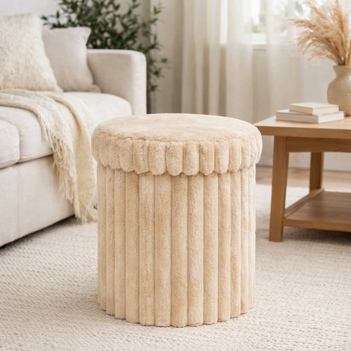 Opbergpoef - Ø 31,5 x 37,5 cm - Trendy ribstof - Beige - Rond