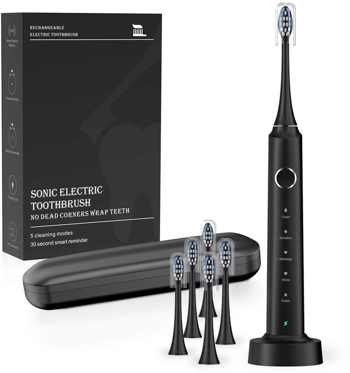 Elektrische tandenborstel - Ondersteunt 5 poetsstanden - Timer van 30 seconden - Oplaadbaar - Zwart - Set elektrische tandenborstels - Cadeau voor de feestdagen - zwart