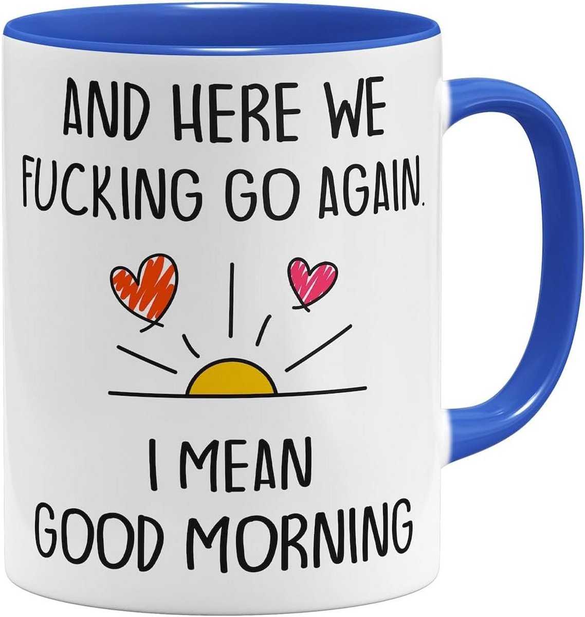 Grappige Keramische Koffiemok met Tekst "Here We Go Again" - 325ml Blauw