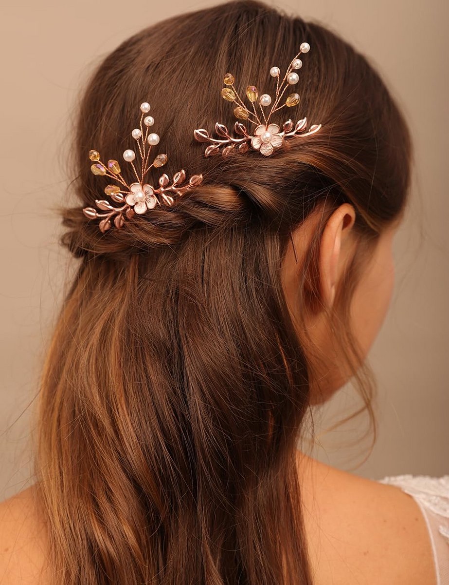 Set van 2 Bloemvormige Haarspelden met Parels en Strass in Roségoud voor Bruiloften