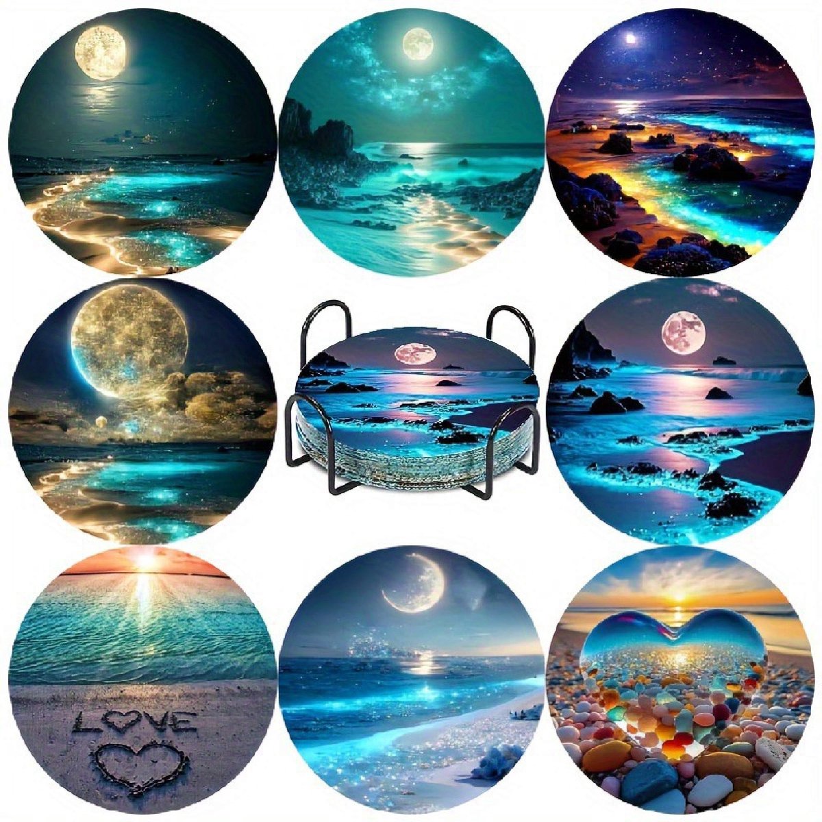VDTOYS® DIAMOND PAINTING voor volwassenen - BEACH - Onderzetters - Coasters - Onderleggers - Ronde steentjes - 8 stuks - Compleet Hobbypakket - set AH 330 BEACH