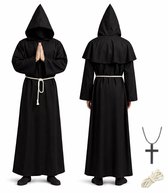 Joya Party® Monnik Verkleedpak Volwassenen | Carnavalskleding Heren | Verkleedkleren Man | Zwart Gewaad Kap, Touw en Groot Kruis | Lang Gewaad Beul | Verkleed Kostuum Zwart Mannen Klooster | Carnaval & Halloween Kostuum | Monniken Outfit | Maat XXL