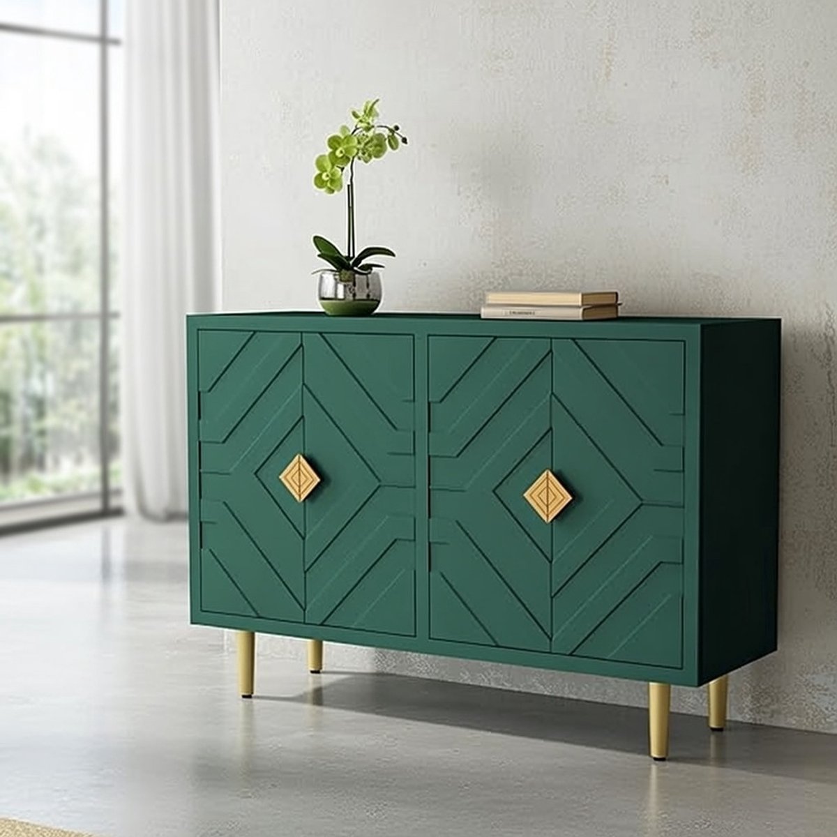 Sideboard Kast 121 cm – Moderne Opbergkast met 4 Deuren, Verstelbare Binnenplank, Massieve Houten Poten, Gepolijste Lakafwerking – Voor Woonkamer, Slaapkamer & Keuken – Groen – House&Garden