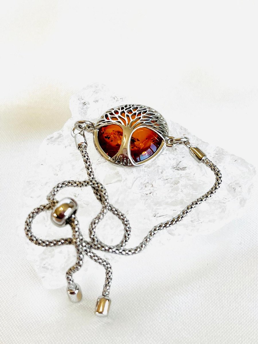La Rosa Princesa Tree of Life Armband met Cognac Amber Dames – 925 Zilver Gerhodineerd – Levensboom – Barnsteen