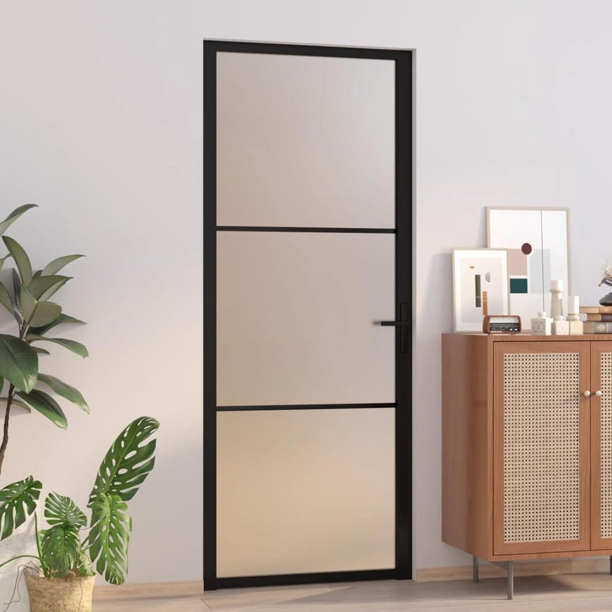 Moderne Binnendeur met Mat Glas en Zwart Aluminium Frame 83x201,5 cm