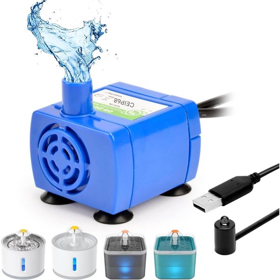 Blauwe waterpomp met spuitend water en USB-kabel. Vier fonteinen met verschillende kleuren LED-verlichting op de achtergrond.