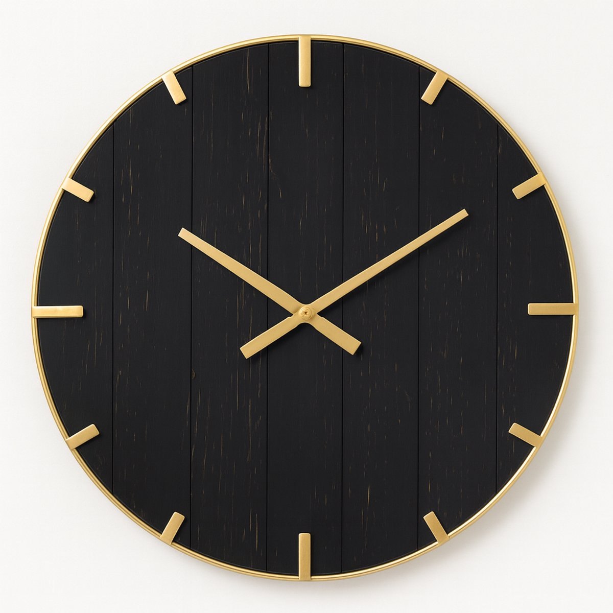 Wandklok Zwart Hout - 60 cm - Goud Wijzers - Stil Quartz Uurwerk - Grote Wandklok