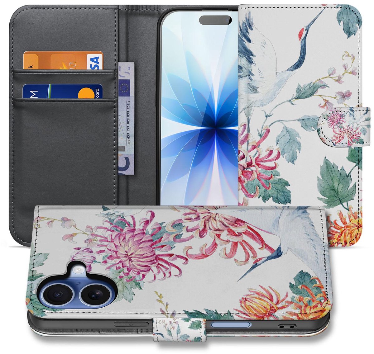 Apple iPhone 17 Bookcase Hoesje Met Pasjes Bird Flowers Print