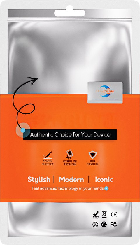 Verpakking van een zwarte telefoonhoes met logo "mycase". Tekst: "Authentic Choice for Your Device".