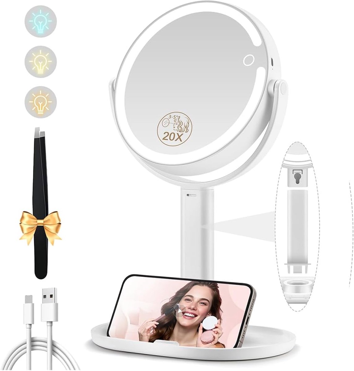 Make Up Spiegel Met Verlichting, Dubbelzijdige 1x/20x Vergrotende Spiegel Met Licht, Oplaadbare 3-Kleurenverlichting En Instelbare Helderheid Make Up Spiegel, 360° Draaibaar, RoséGoud