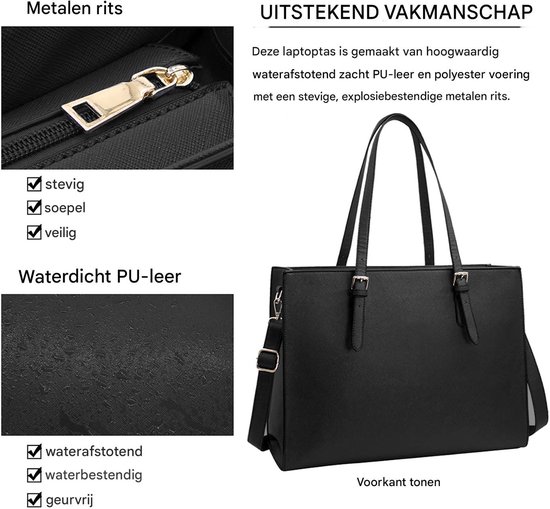 Zwarte werktas van PU-leer met metalen rits en gewatteerd laptopvak.