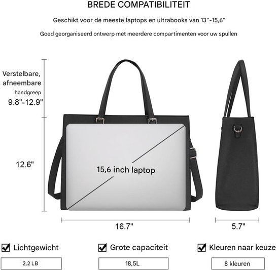 Zwarte werktas van PU-leer, 16,7" breed, met afneembare schouderriem.
