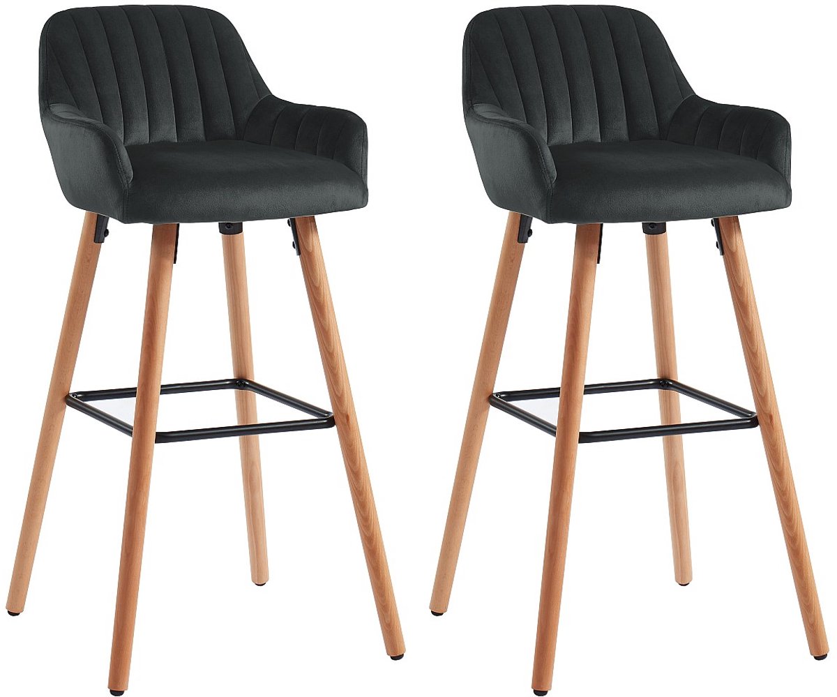 Vente-unique Set van 2 barkrukken ELEANA - Fluweel & Metaal Houteffect - Zwart L 47 cm x H 98 cm x D 52 cm