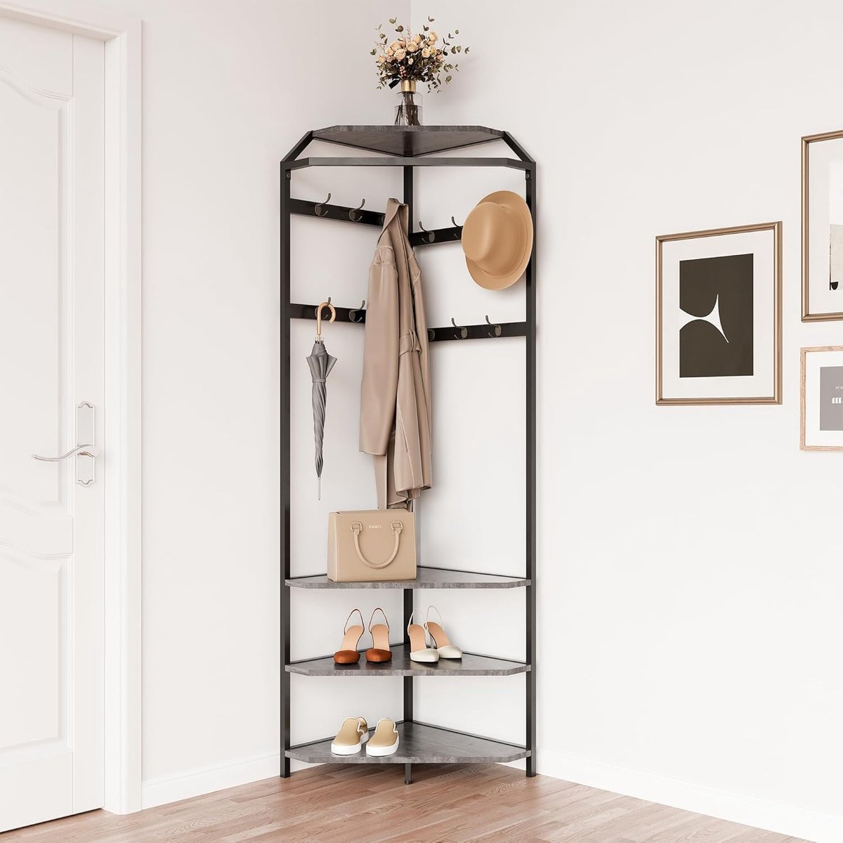 Metalen hoekkapstok 3-in-1 - Open kapstok met 6 dubbele haken, schoenenrek & opbergplank, industrieel design, ruimtebesparend voor hal, woonkamer & slaapkamer, grijs ,50x50x180CM