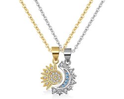 2-delige ketting met zon en maan voor stellen - Gepersonaliseerd ontwerp - Stapelbaar - Universeel - Geschikt als cadeau voor vrienden, zussen, familieleden en kinderen