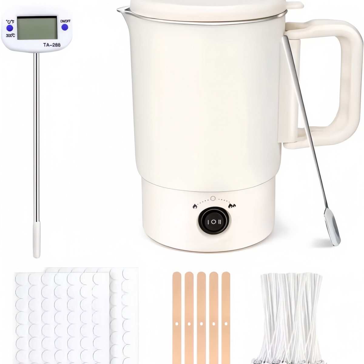Kaarsen Maken Set - Wax smelter - Elektrische wassmelter - Zelf Kaarsen maken - Kaarsenmaakset - Met 800 ml pot - Met thermometer - Met kaarslonten - Met kaarsstickers - Met lontenhouder - Met menglepel - Voor kaarsen maken - Hobby