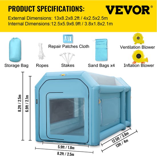 VEVOR Tunneltenten Opblaasbare Spuitcabine 4x2,5x2,5 M Werktent 210d Oxford-Stof en Pvc Lakcabine met Opblaasventilator en Ventilatieventilator voor Het Schilderen van Auto-Onderdelen, Kamperen van Merkloos — afbeelding 4